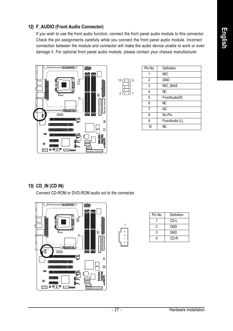 English, 13) cd_in (cd in), 12) f_audio (front audio connector) | Intel GA-G1975X User Manual | Page 27 / 112