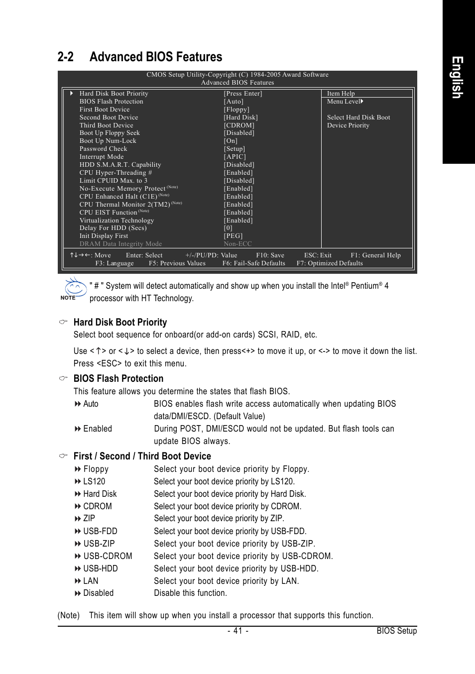 English, 2 advanced bios features, Hard disk boot priority | Bios flash protection, First / second / third boot device | Intel GA-G1975X User Manual | Page 41 / 112