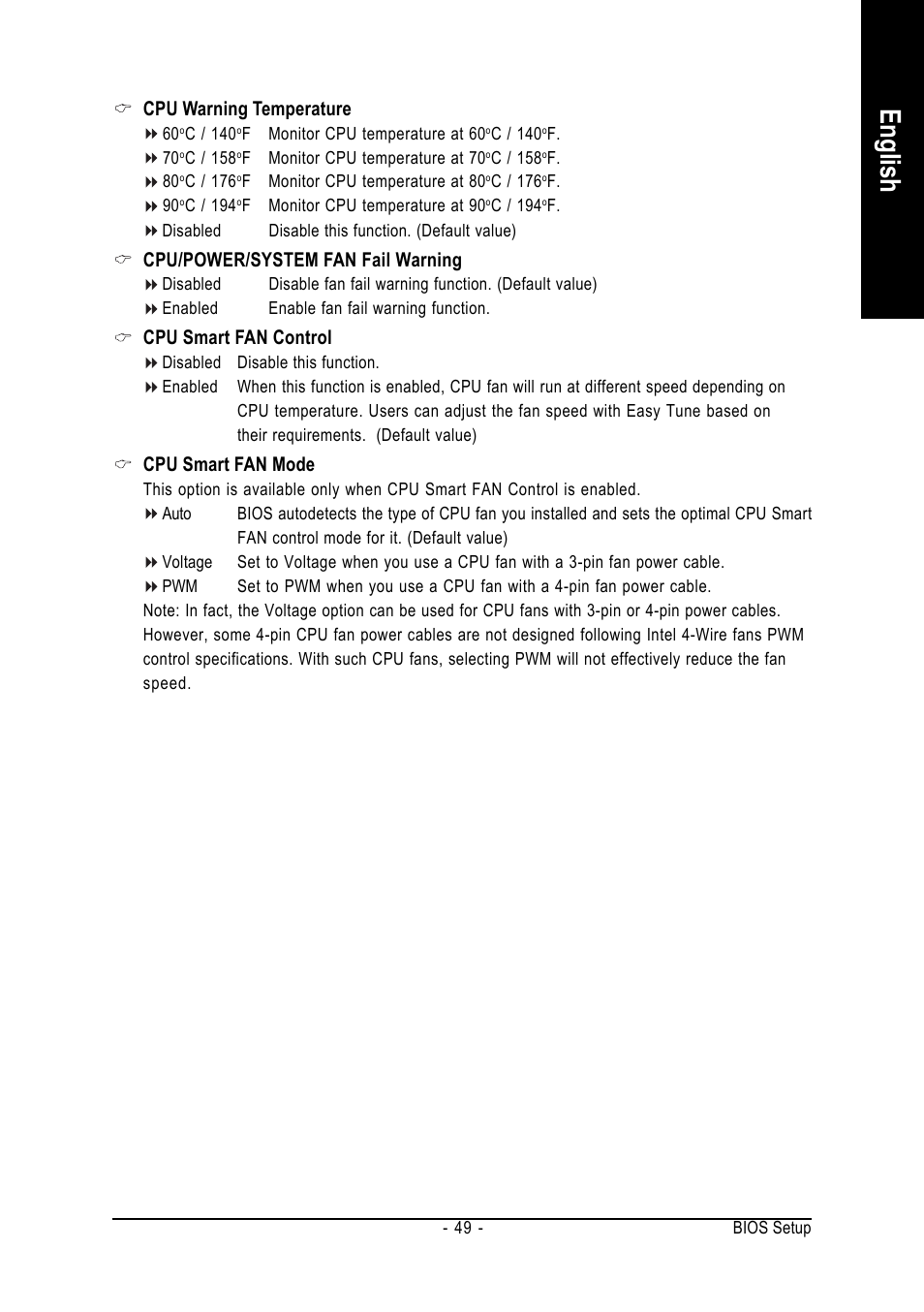 English, Cpu warning temperature, Cpu/power/system fan fail warning | Cpu smart fan control, Cpu smart fan mode | Intel GA-G1975X User Manual | Page 49 / 112