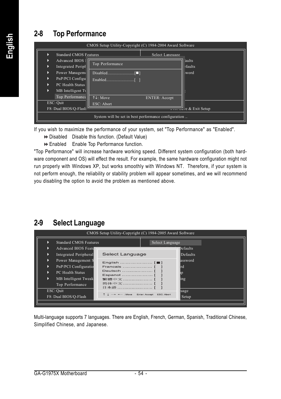 English, 8 top performance, 9 select language | Intel GA-G1975X User Manual | Page 54 / 112