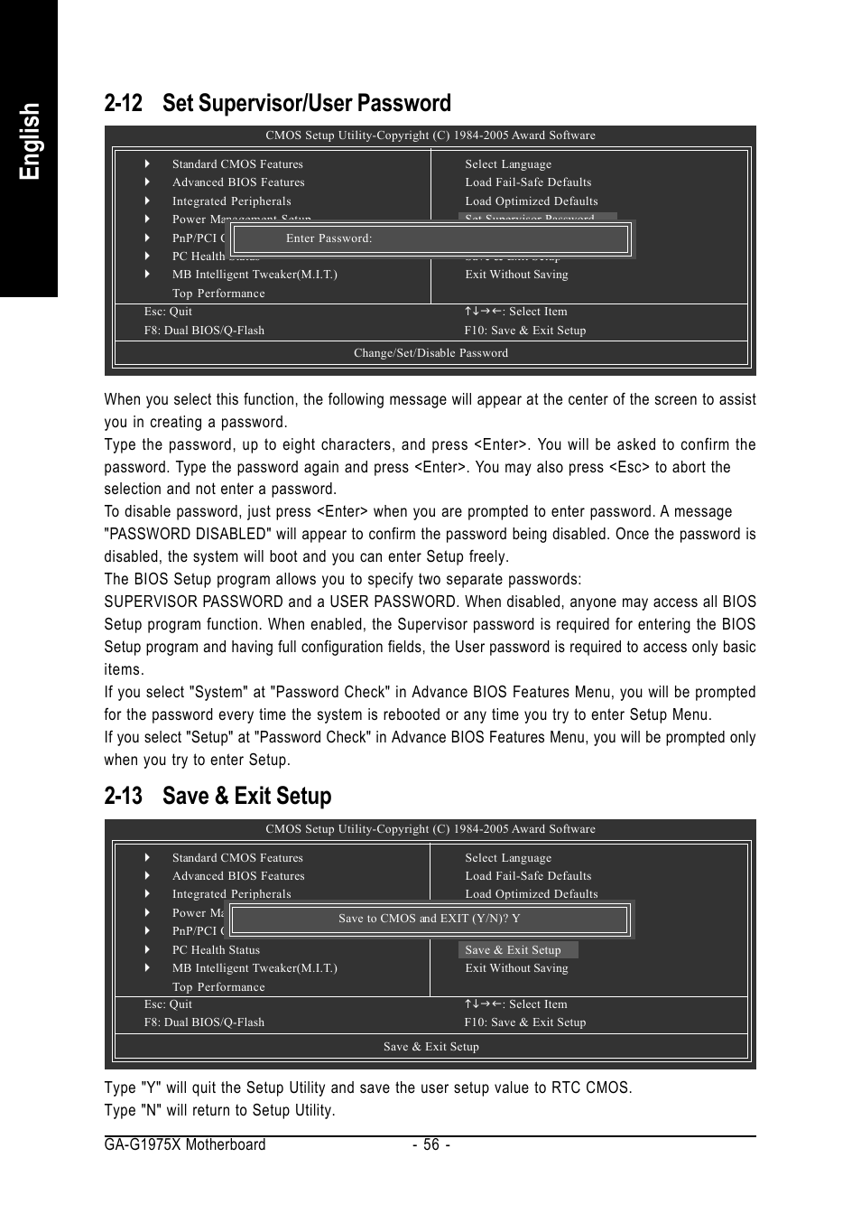 English, 13 save & exit setup, 12 set supervisor/user password | Intel GA-G1975X User Manual | Page 56 / 112