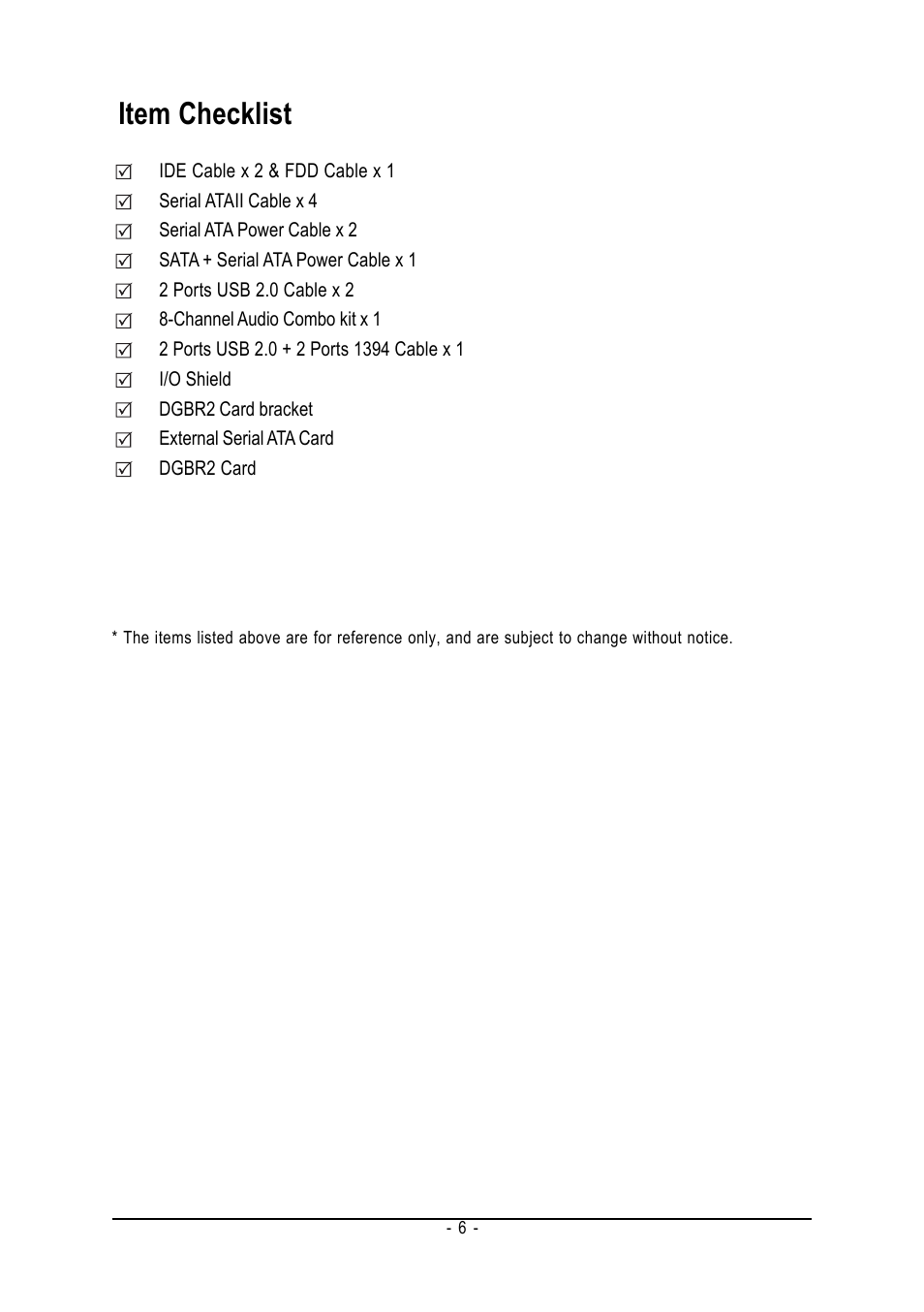 Item checklist | Intel GA-G1975X User Manual | Page 6 / 112