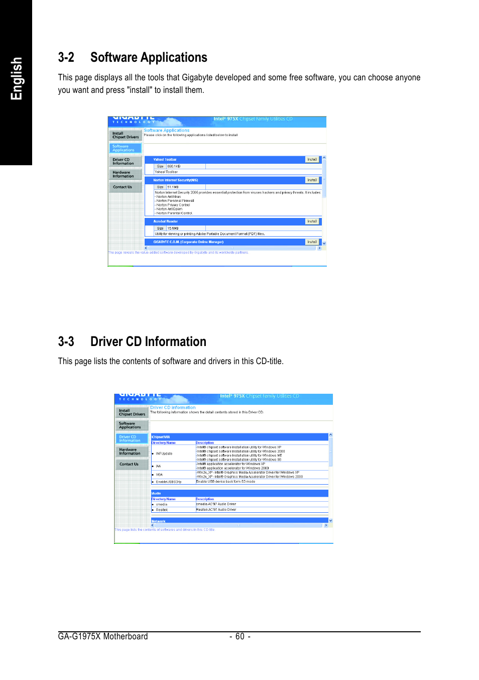 English, 2 software applications, 3 driver cd information | Intel GA-G1975X User Manual | Page 60 / 112