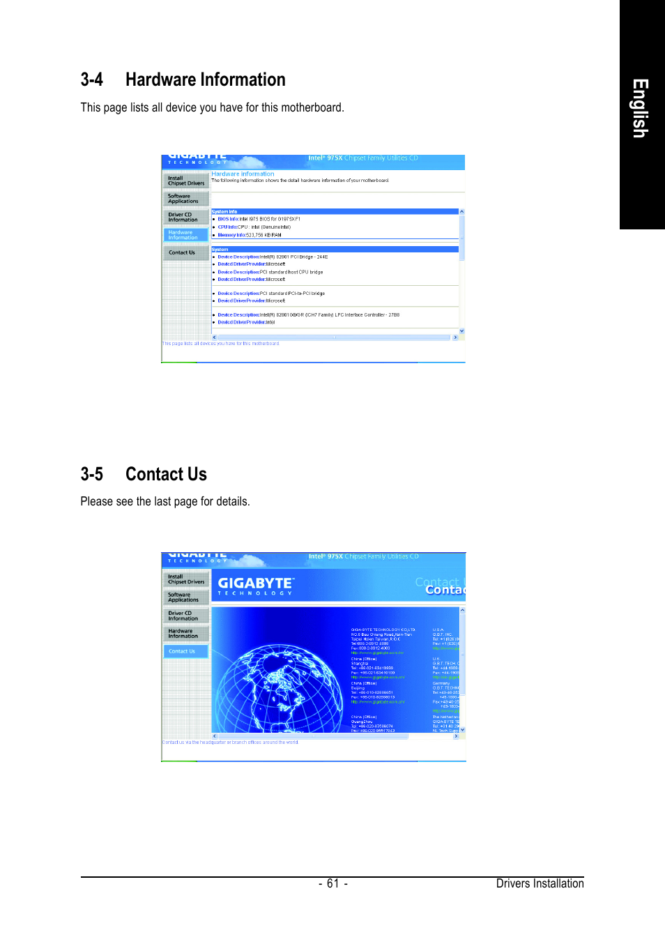 English, 4 hardware information, 5 contact us | Intel GA-G1975X User Manual | Page 61 / 112