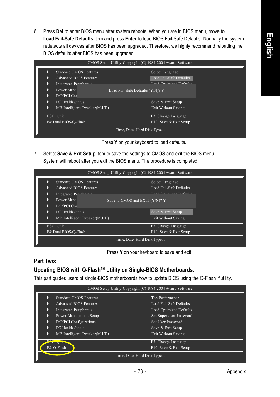 English, Part two: updating bios with q-flash, Utility on single-bios motherboards | Appendix - 73, Press y on your keyboard to load defaults, Press y on your keyboard to save and exit, Utility | Intel GA-G1975X User Manual | Page 73 / 112