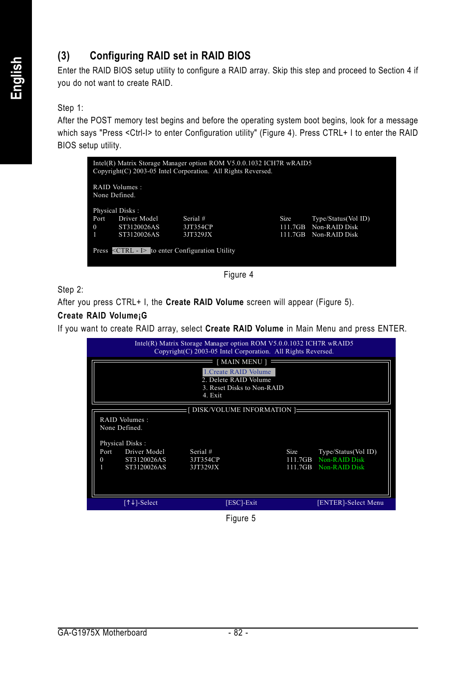 English, 3) configuring raid set in raid bios | Intel GA-G1975X User Manual | Page 82 / 112