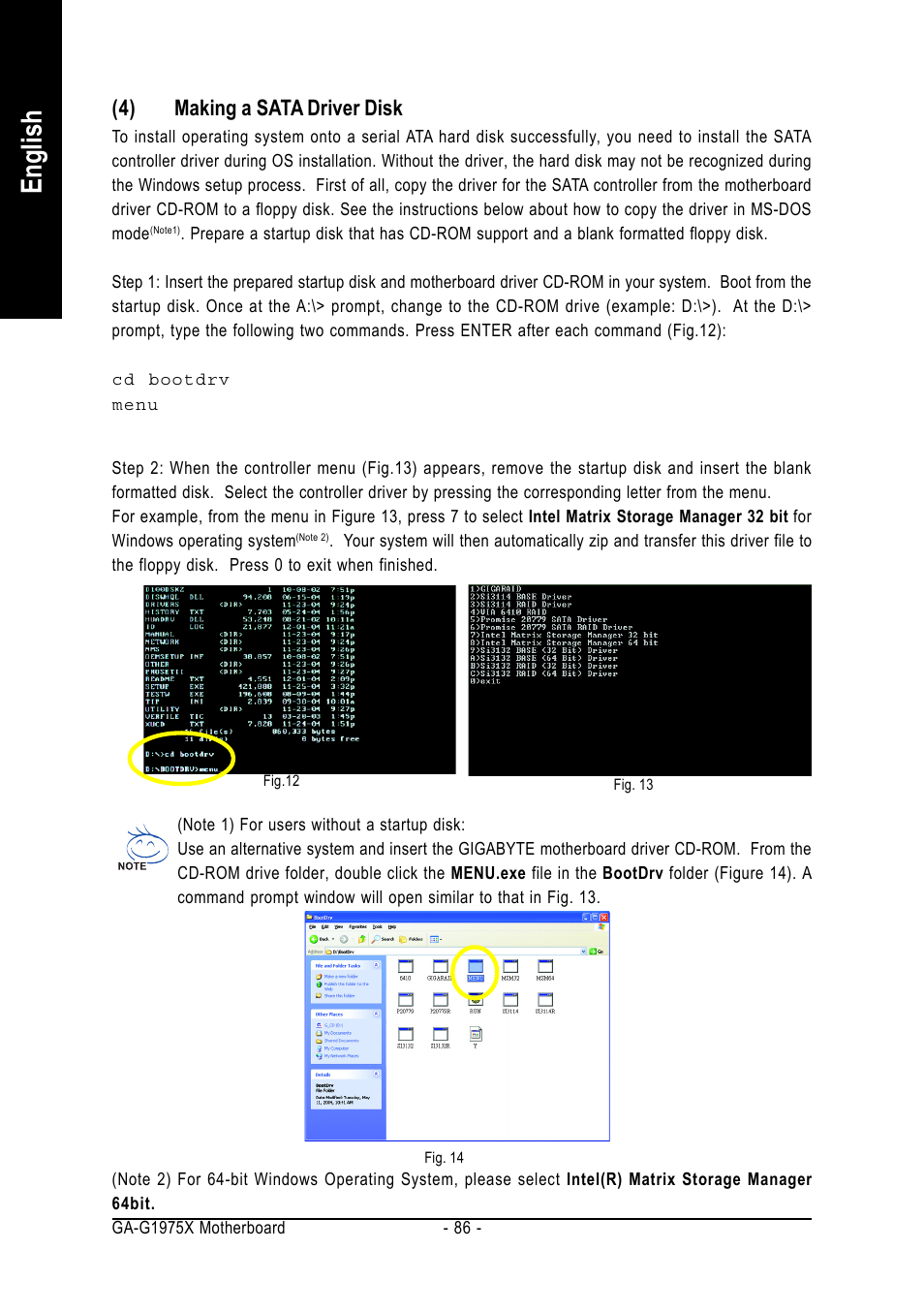 English, 4) making a sata driver disk | Intel GA-G1975X User Manual | Page 86 / 112