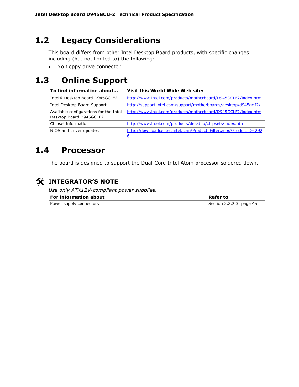 2 legacy considerations, 3 online support, 4 processor | Intel D945GCLF2 User Manual | Page 14 / 86