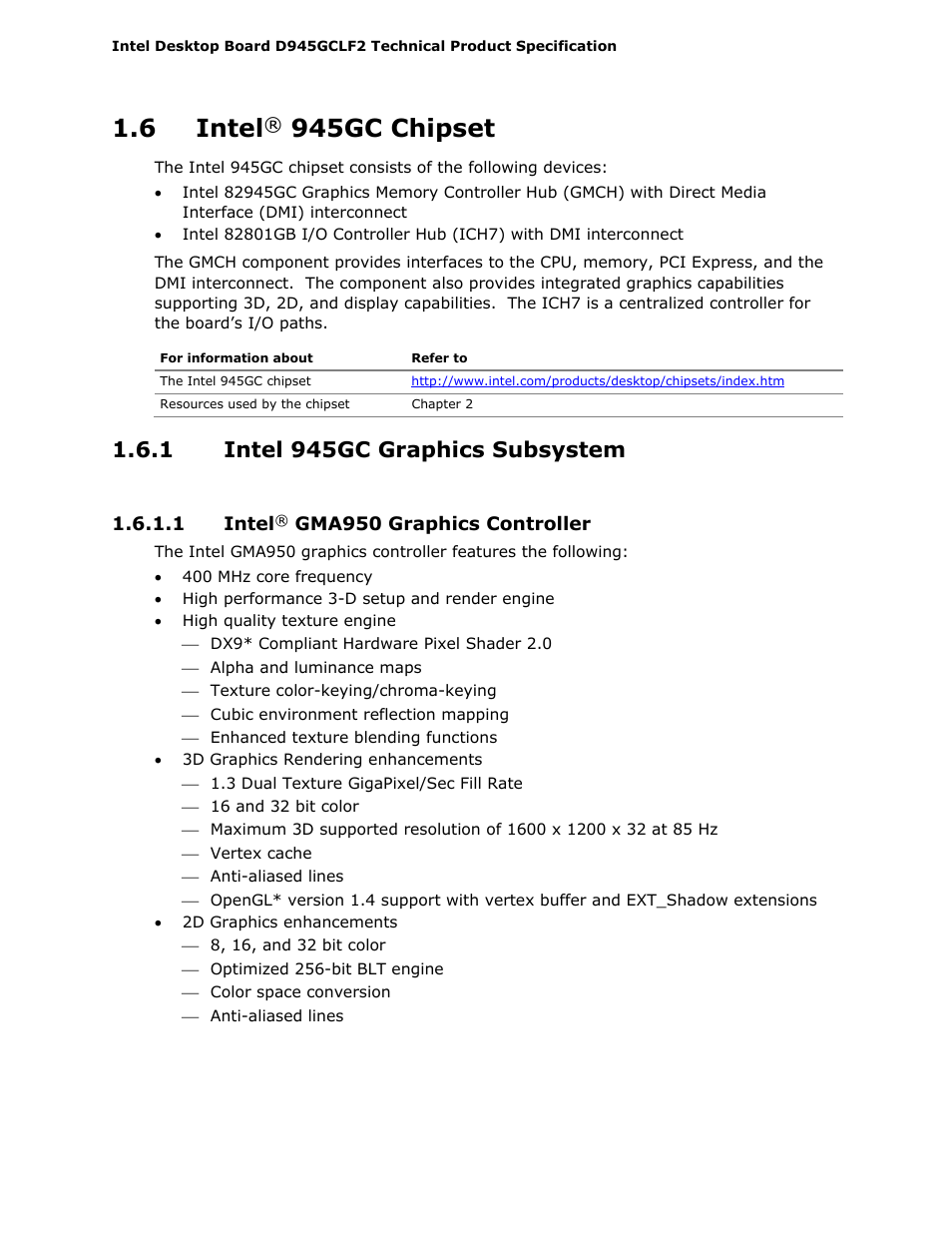 6 intel® 945gc chipset, 1 intel 945gc graphics subsystem, 6 intel | 945gc chipset | Intel D945GCLF2 User Manual | Page 16 / 86