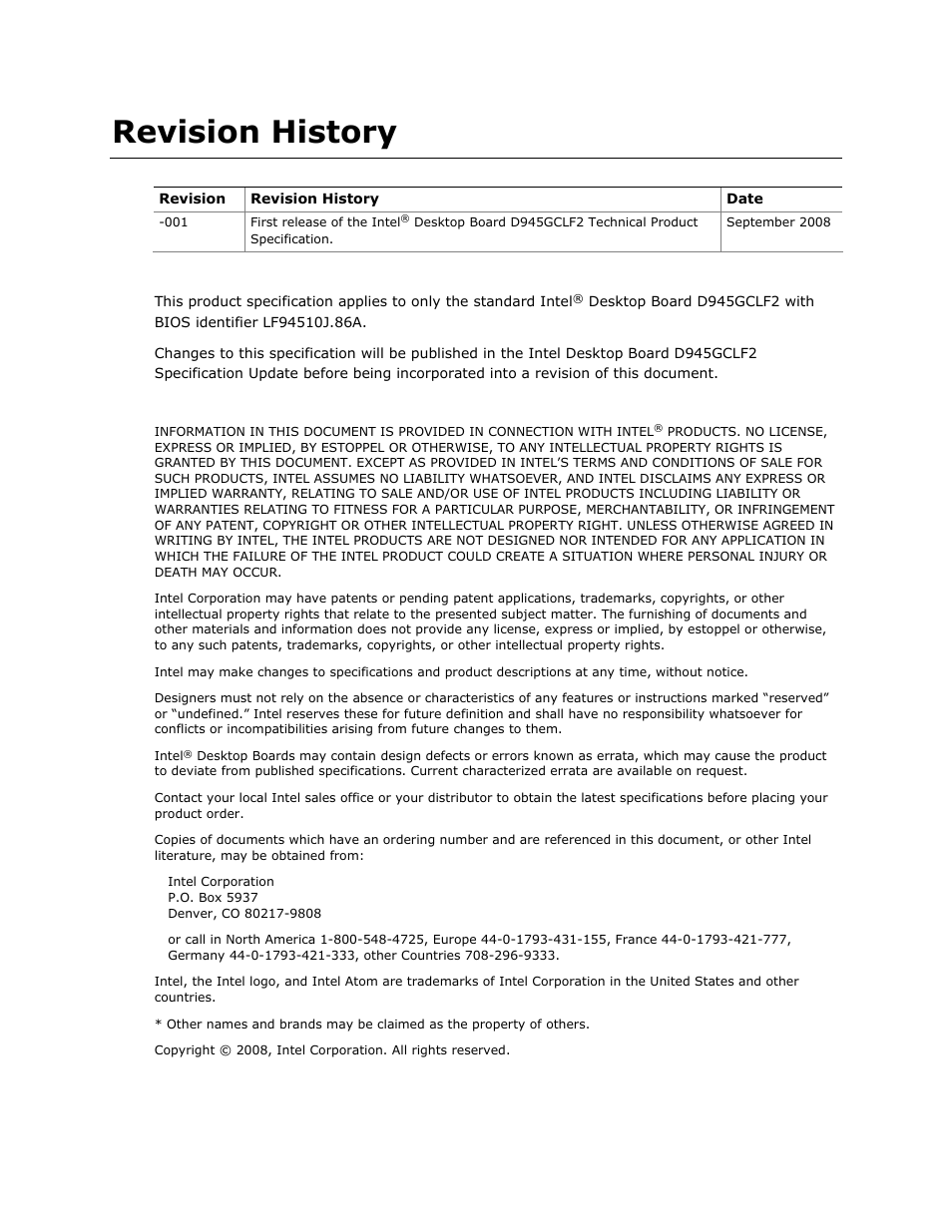 Revision history | Intel D945GCLF2 User Manual | Page 2 / 86