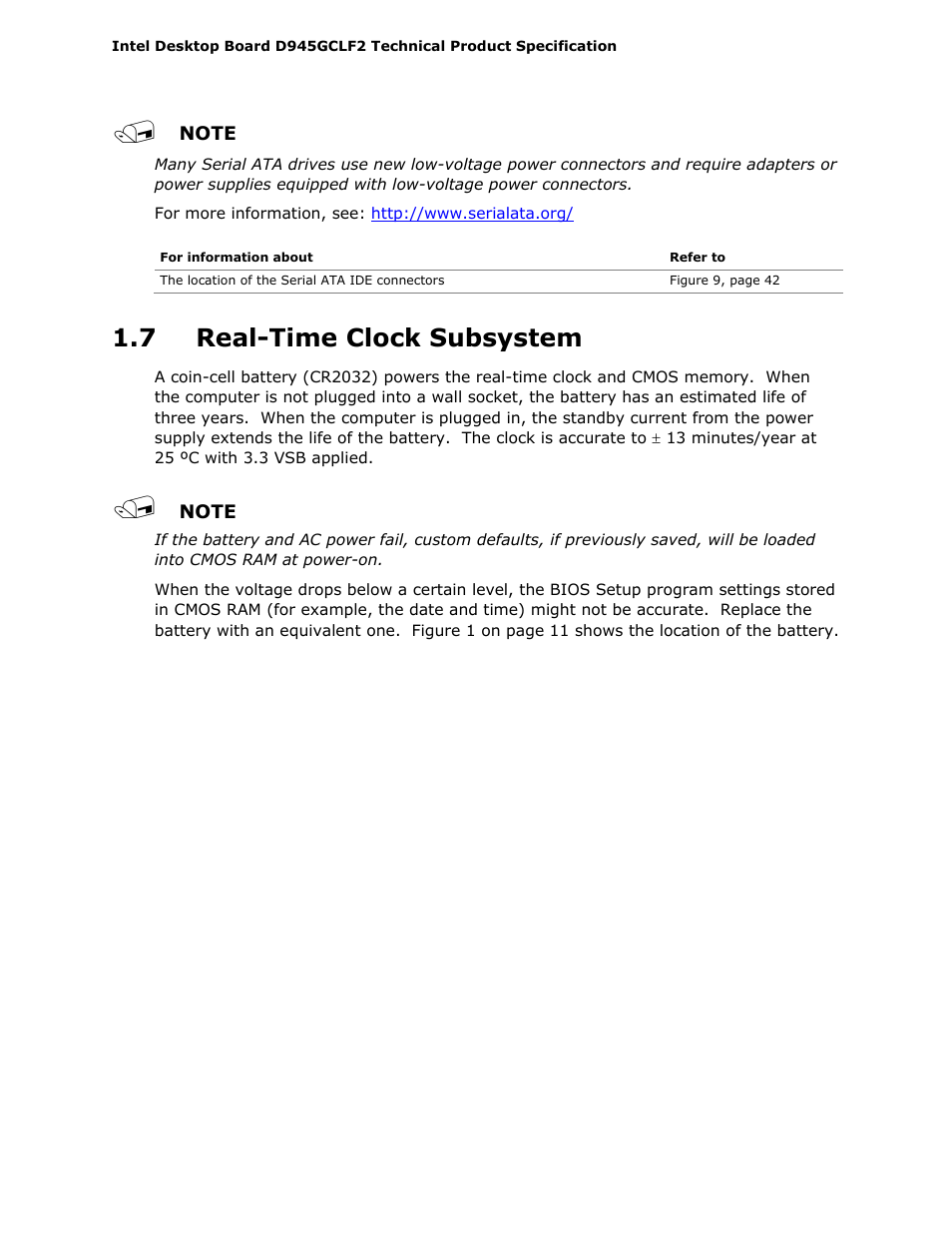 7 real-time clock subsystem | Intel D945GCLF2 User Manual | Page 20 / 86
