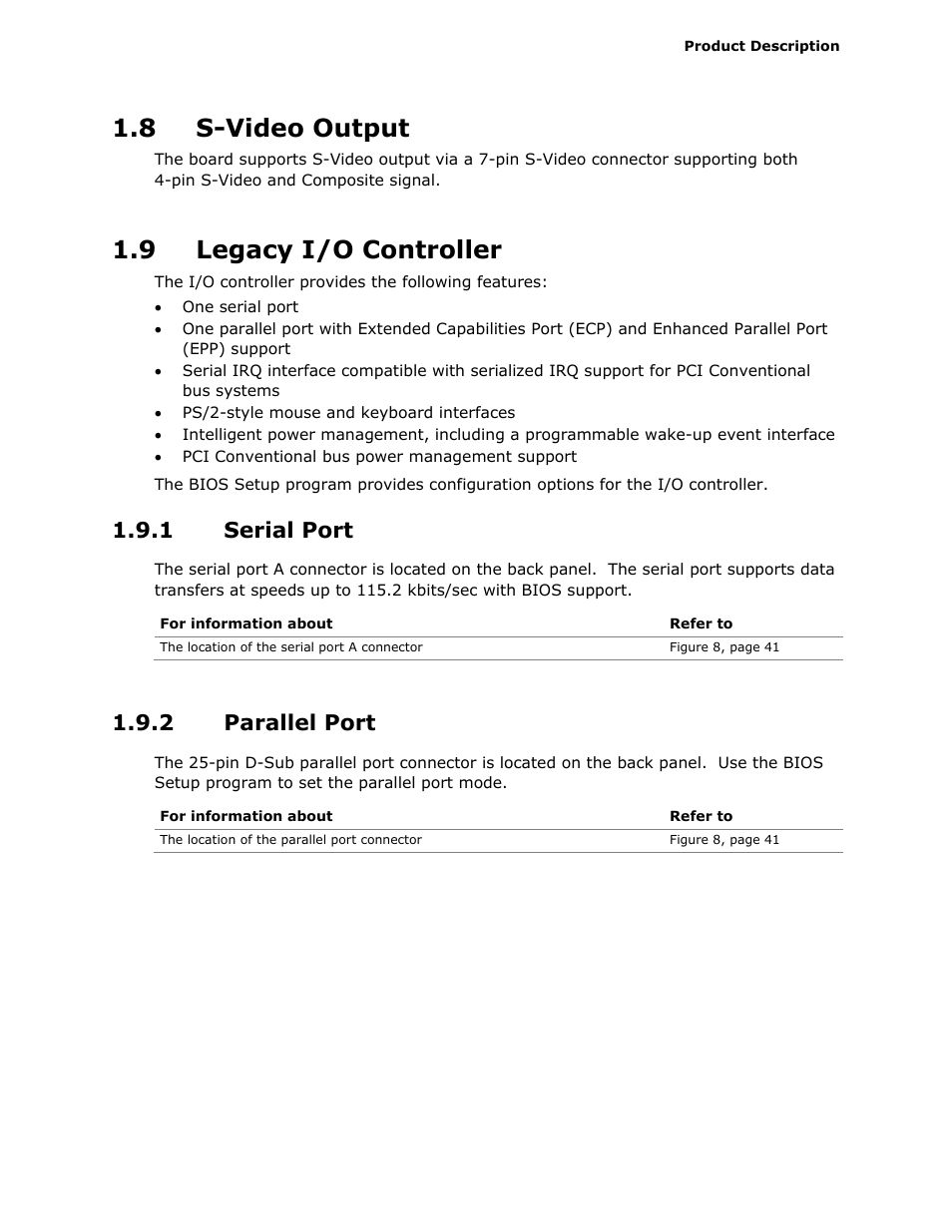 8 s-video output, 9 legacy i/o controller, 1 serial port | 2 parallel port | Intel D945GCLF2 User Manual | Page 21 / 86