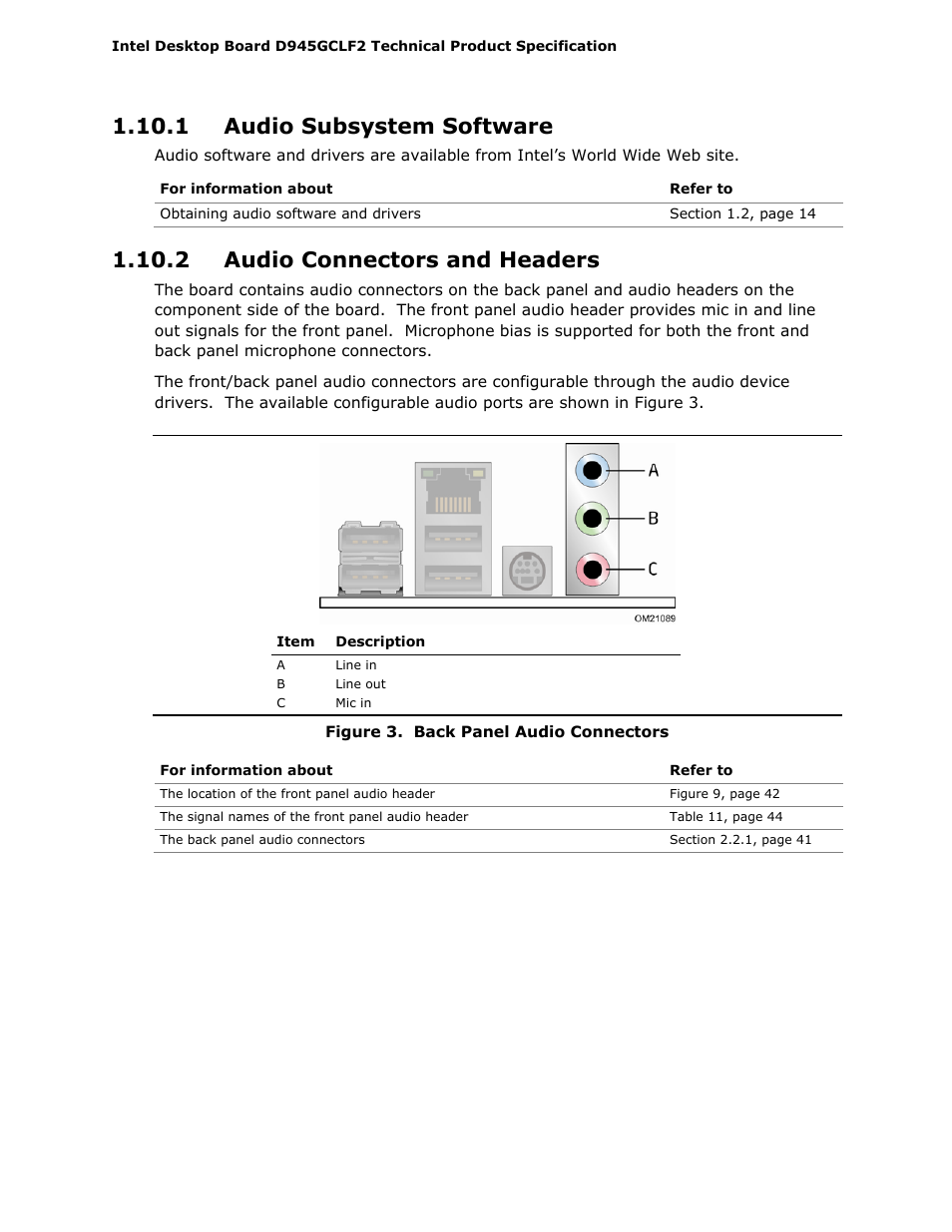 1 audio subsystem software, 2 audio connectors and headers | Intel D945GCLF2 User Manual | Page 24 / 86