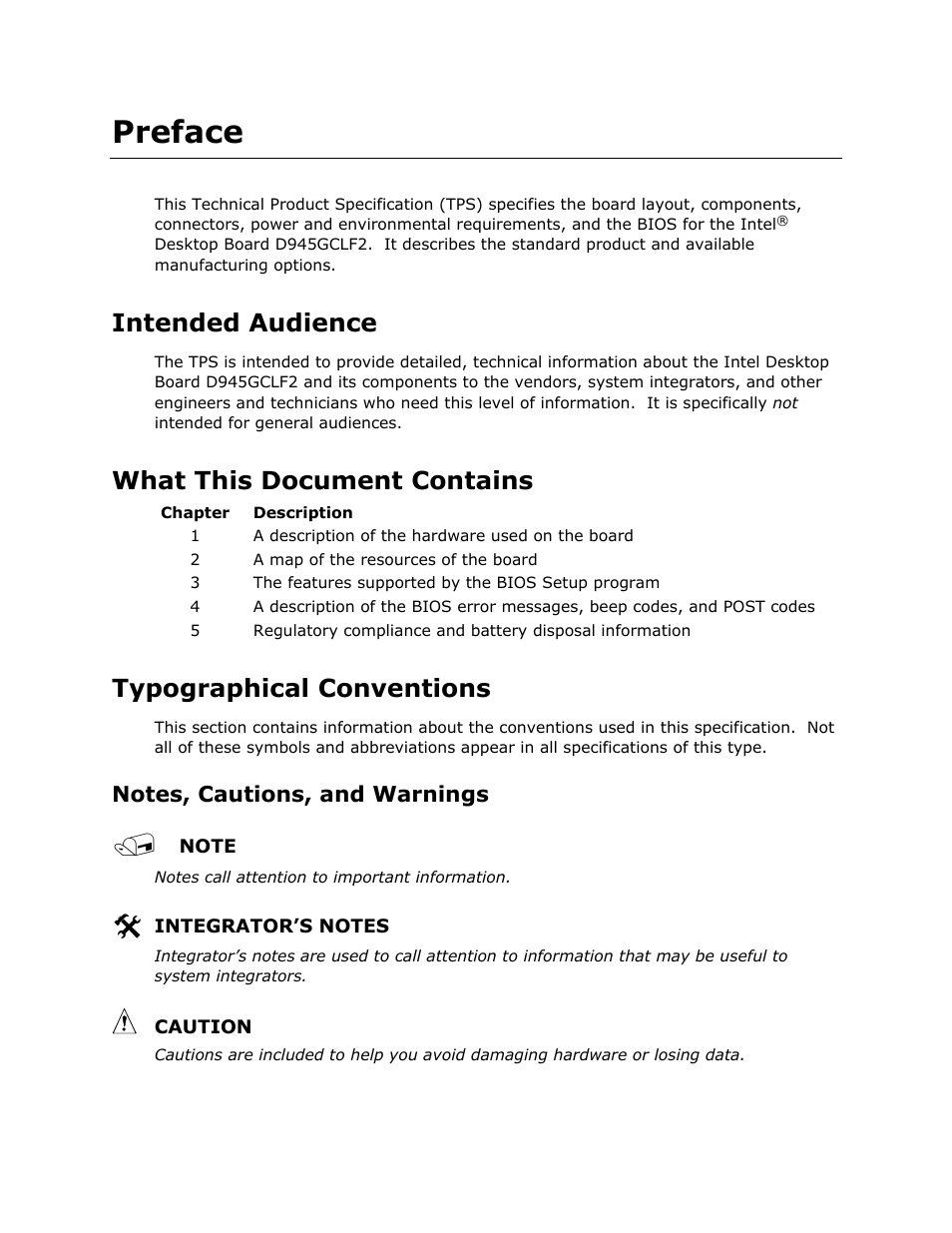 Preface, Intended audience, What this document contains | Typographical conventions | Intel D945GCLF2 User Manual | Page 3 / 86