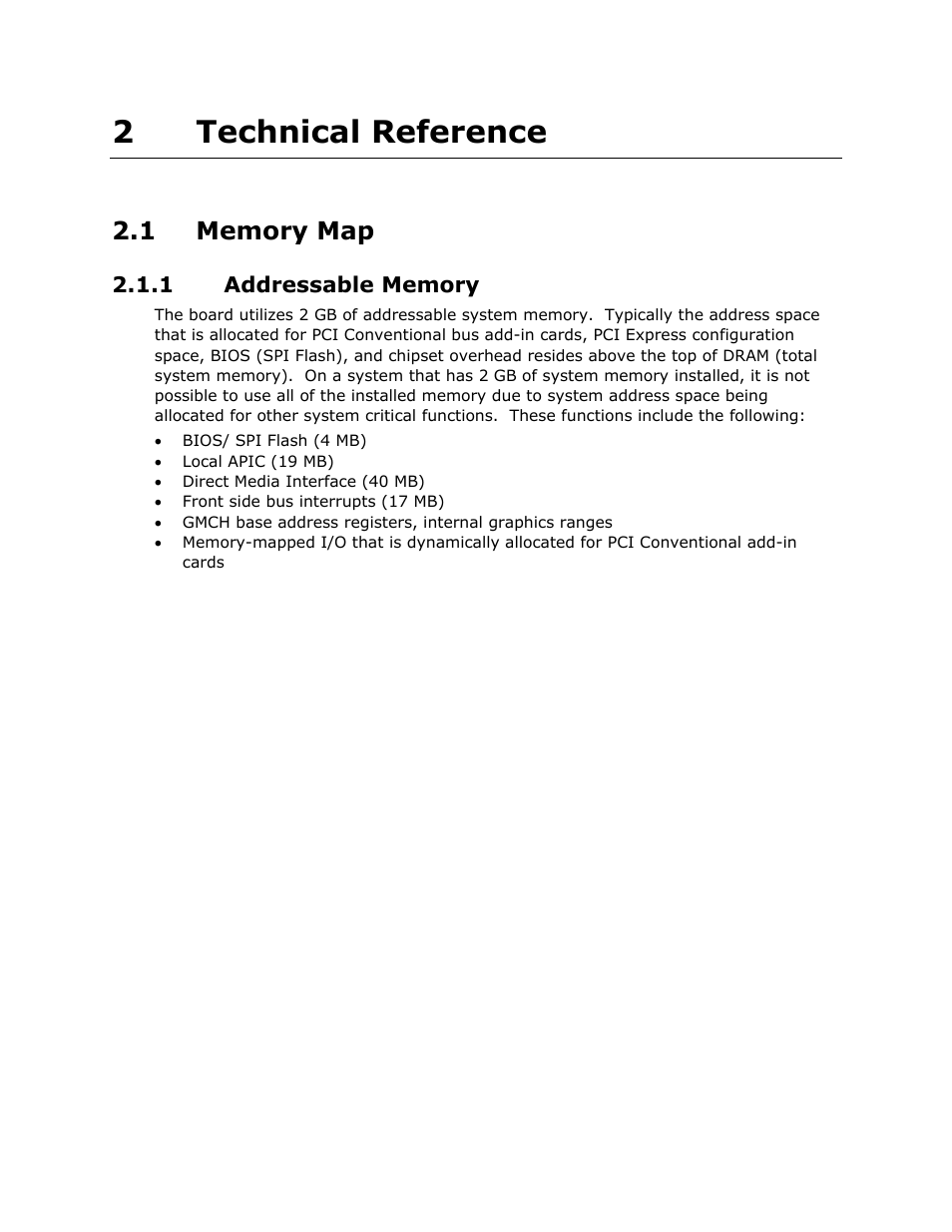 2 technical reference, 1 memory map, 1 addressable memory | 2technical reference | Intel D945GCLF2 User Manual | Page 37 / 86