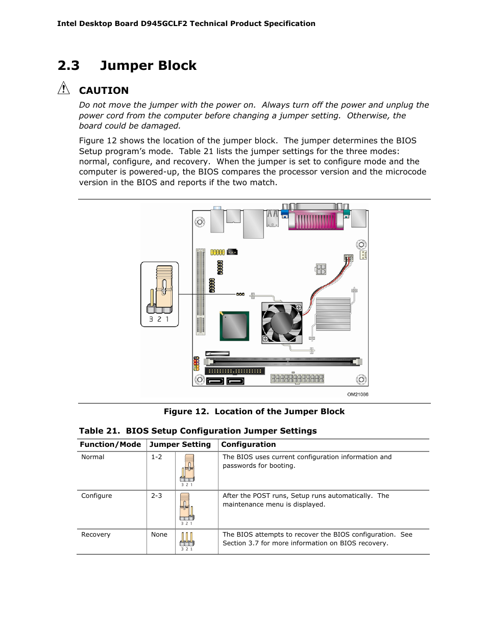 3 jumper block, Caution | Intel D945GCLF2 User Manual | Page 50 / 86