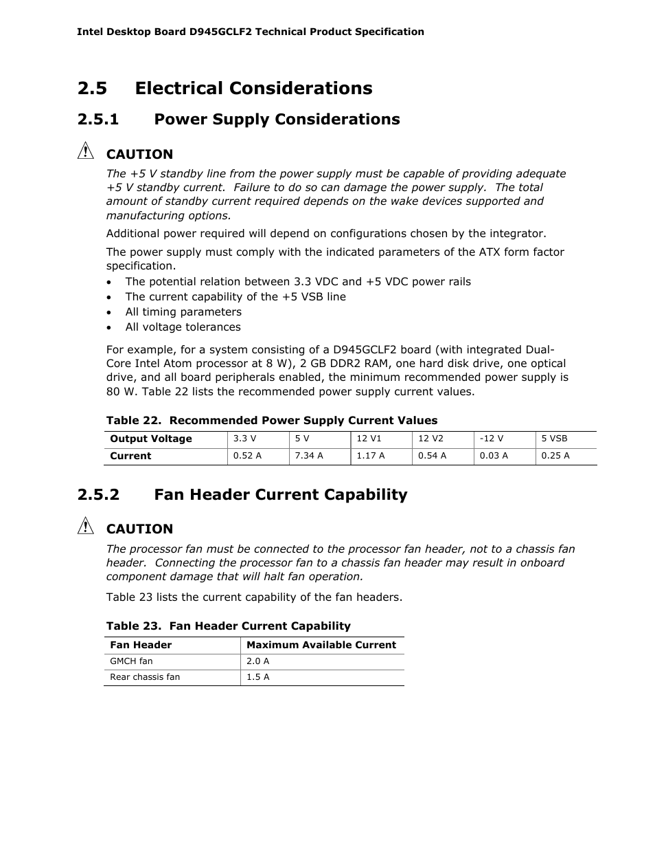 5 electrical considerations, 1 power supply considerations, 2 fan header current capability | Intel D945GCLF2 User Manual | Page 52 / 86