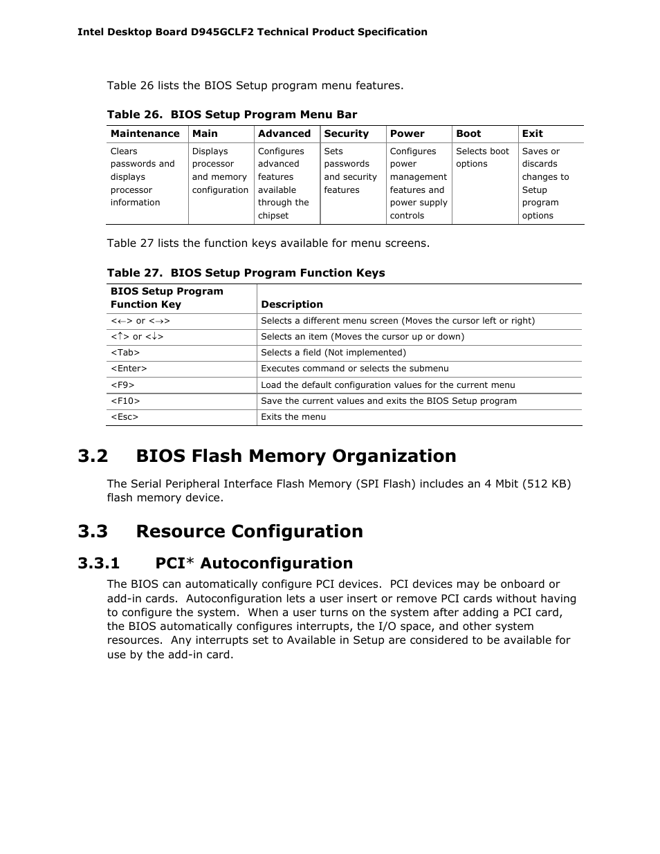 2 bios flash memory organization, 3 resource configuration, 1 pci* autoconfiguration | 1 pci * autoconfiguration | Intel D945GCLF2 User Manual | Page 58 / 86