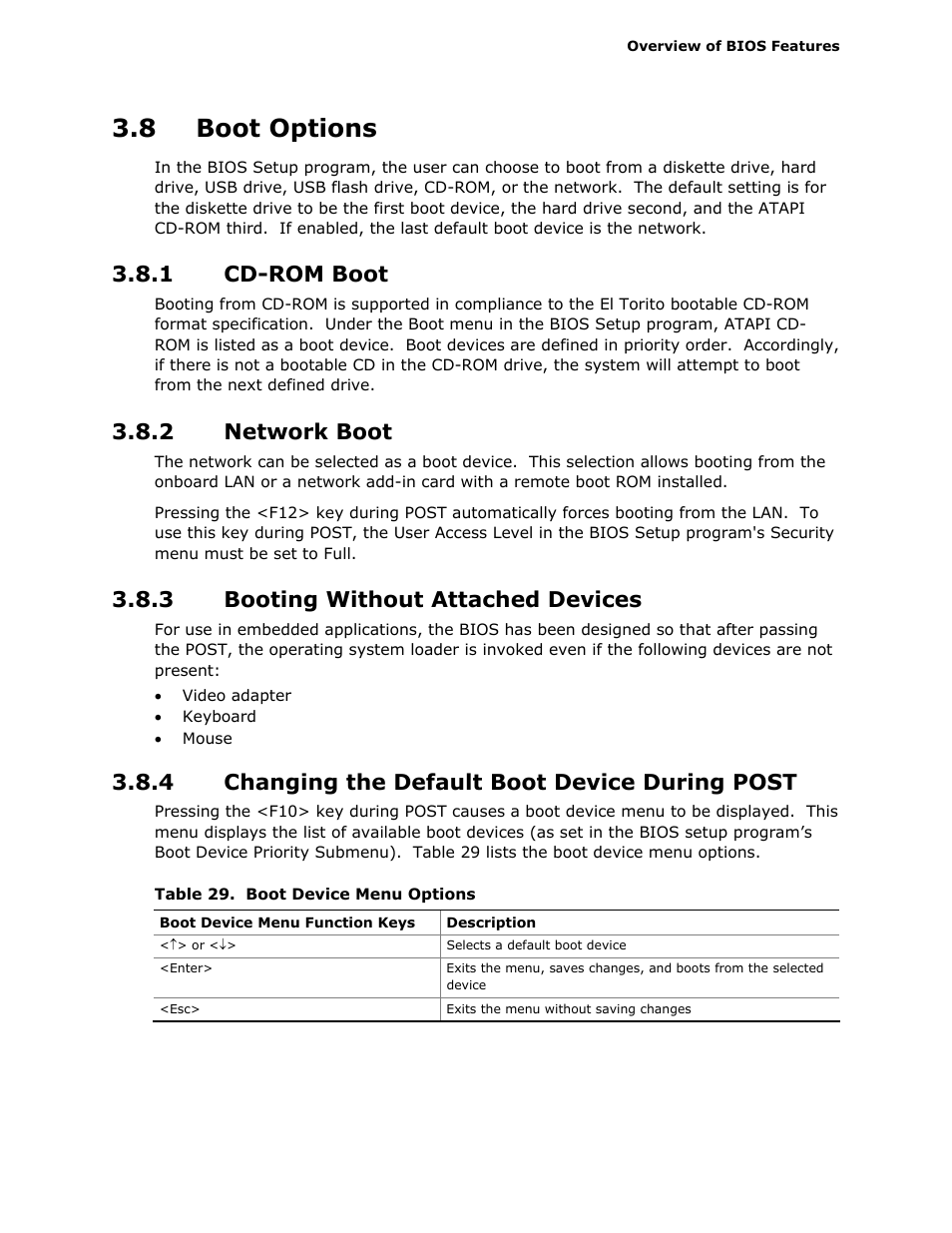 8 boot options, 1 cd-rom boot, 2 network boot | 3 booting without attached devices, 4 changing the default boot device during post | Intel D945GCLF2 User Manual | Page 63 / 86
