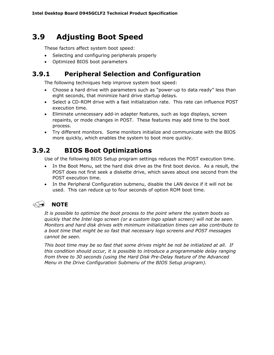 9 adjusting boot speed, 1 peripheral selection and configuration, 2 bios boot optimizations | Intel D945GCLF2 User Manual | Page 64 / 86