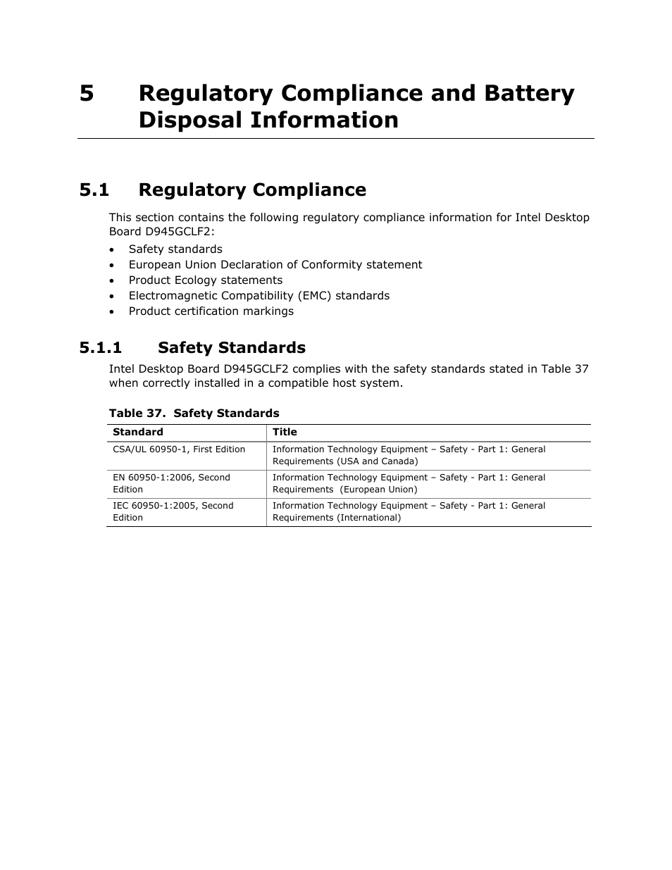 1 regulatory compliance, 1 safety standards | Intel D945GCLF2 User Manual | Page 75 / 86