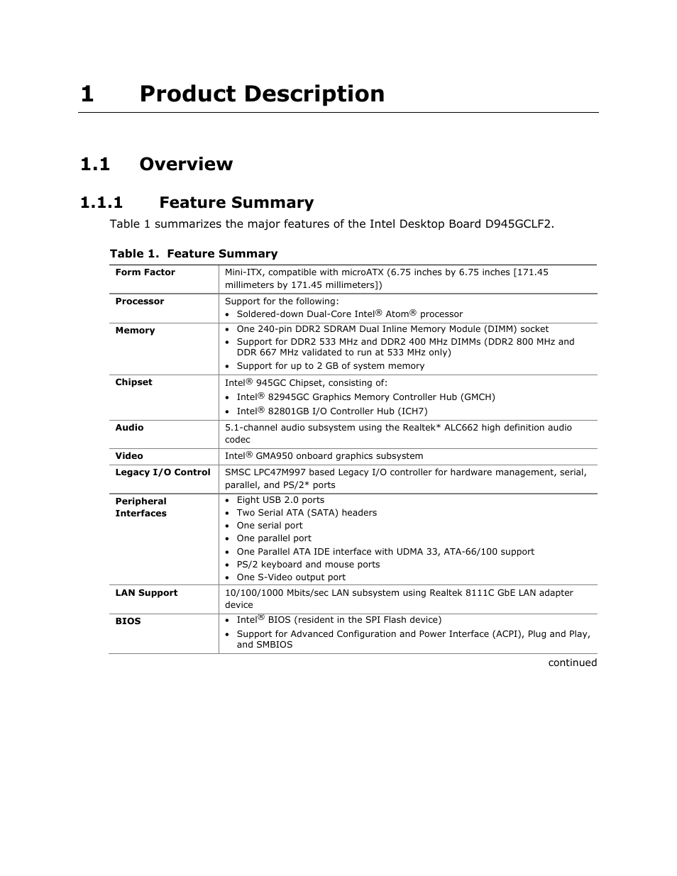 1 product description, 1 overview, 1 feature summary | 1product description | Intel D945GCLF2 User Manual | Page 9 / 86