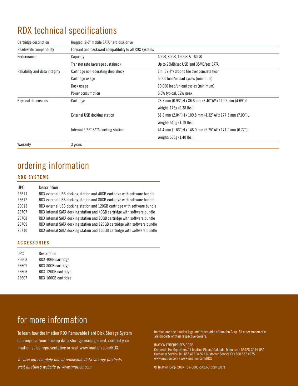 Ordering information, For more information, Rdx technical specifications | Imation RDX User Manual | Page 8 / 8