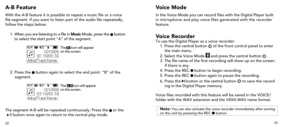 A-b feature voice mode, Voice recorder | Imation 3503 User Manual | Page 12 / 64