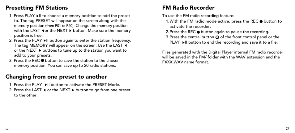 Changing from one preset to another, Presetting fm stations fm radio recorder | Imation 3503 User Manual | Page 14 / 64