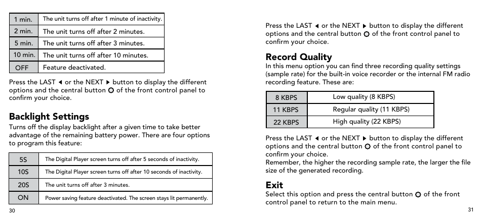 Backlight settings, Record quality, Exit | Imation 3503 User Manual | Page 16 / 64