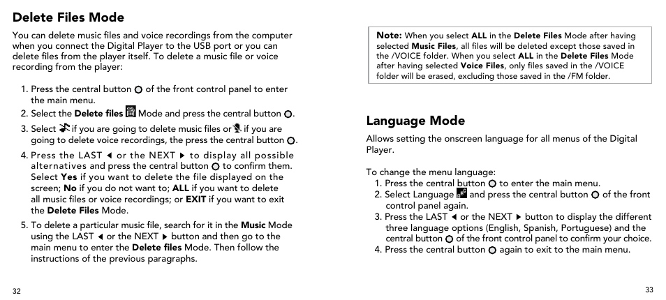 Delete files mode, Language mode | Imation 3503 User Manual | Page 17 / 64