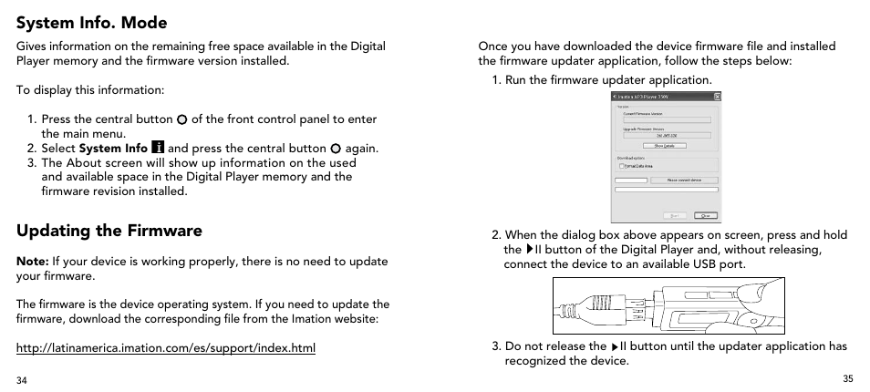 System info. mode, Updating the firmware | Imation 3503 User Manual | Page 18 / 64