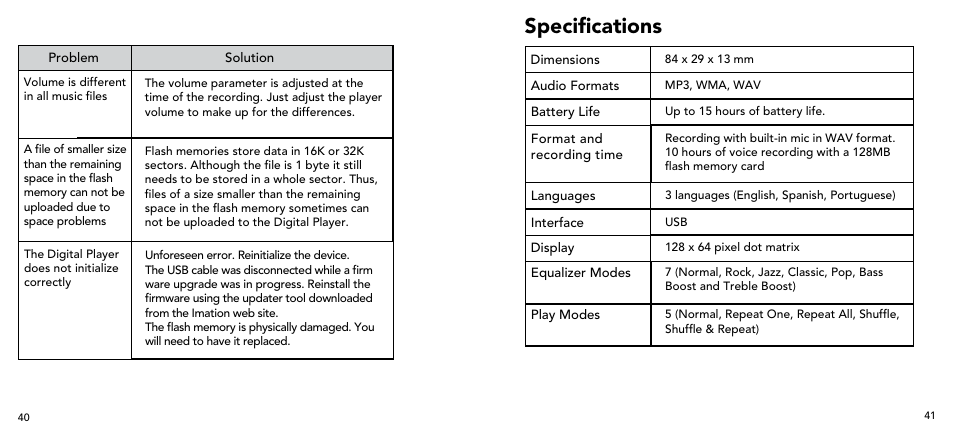 Specifications | Imation 3503 User Manual | Page 21 / 64