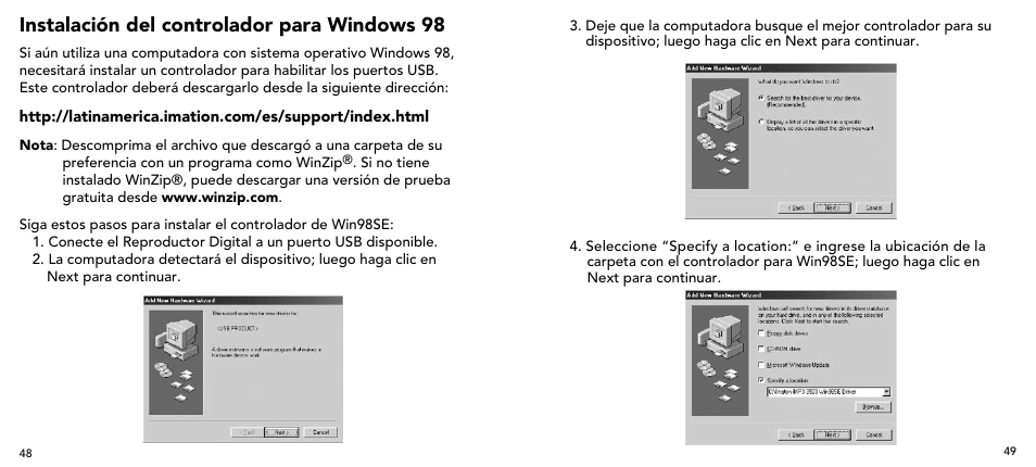 Instalación del controlador para windows 98 | Imation 3503 User Manual | Page 25 / 64