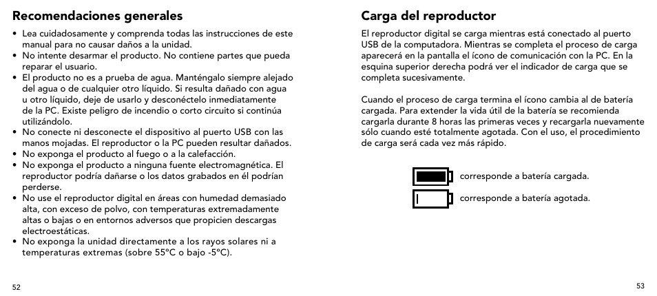 Recomendaciones generales, Carga del reproductor | Imation 3503 User Manual | Page 27 / 64