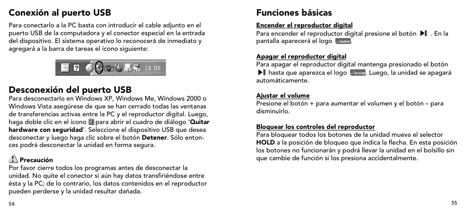 Conexión al puerto usb, Desconexión del puerto usb, Funciones básicas | Imation 3503 User Manual | Page 28 / 64