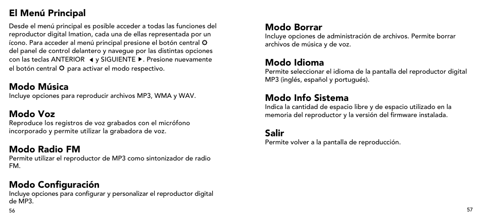 El menú principal, Modo música, Modo voz | Modo radio fm, Modo configuración, Modo borrar, Modo idioma, Modo info sistema, Salir | Imation 3503 User Manual | Page 29 / 64