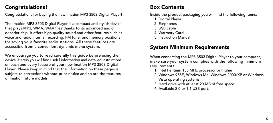 Box contents, System minimum requirements | Imation 3503 User Manual | Page 3 / 64