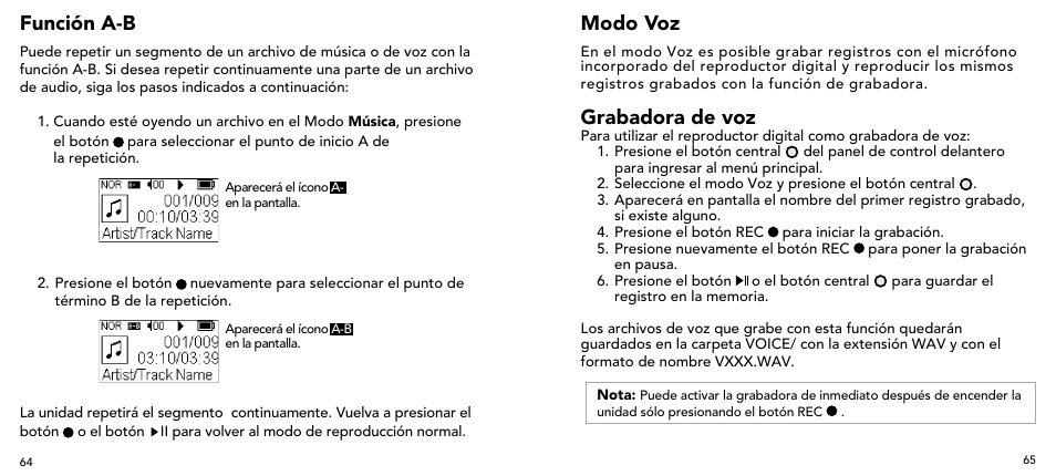 Función a-b modo voz, Grabadora de voz | Imation 3503 User Manual | Page 33 / 64