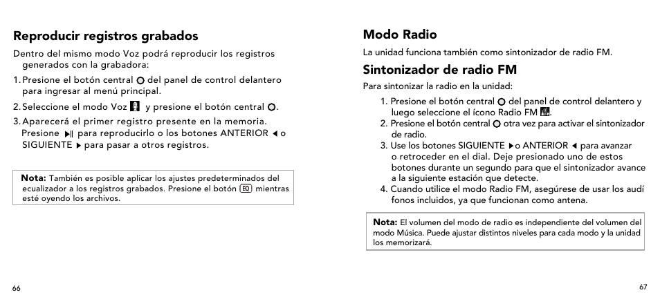 Reproducir registros grabados, Modo radio, Sintonizador de radio fm | Imation 3503 User Manual | Page 34 / 64