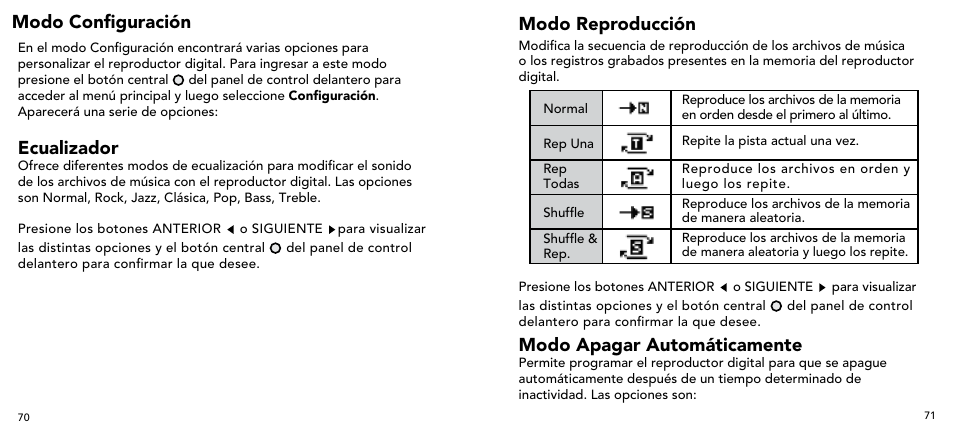 Modo configuración, Ecualizador, Modo reproducción | Modo apagar automáticamente | Imation 3503 User Manual | Page 36 / 64