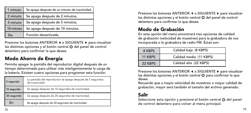 Modo ahorro de energía, Modo de grabación, Salir | Imation 3503 User Manual | Page 37 / 64