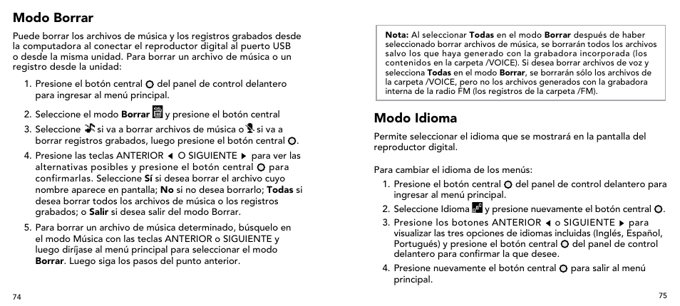 Modo borrar, Modo idioma | Imation 3503 User Manual | Page 38 / 64