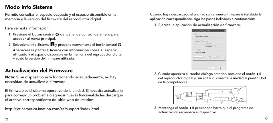 Modo info sistema, Actualización del firmware | Imation 3503 User Manual | Page 39 / 64