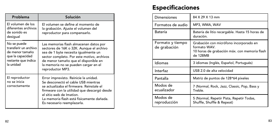 Especificaciones | Imation 3503 User Manual | Page 42 / 64