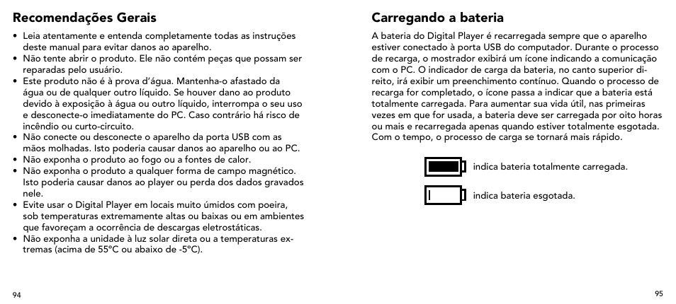 Recomendações gerais, Carregando a bateria | Imation 3503 User Manual | Page 48 / 64