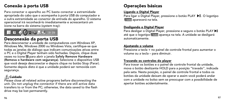 Conexão à porta usb, Desconexão da porta usb, Operações básicas | Imation 3503 User Manual | Page 49 / 64