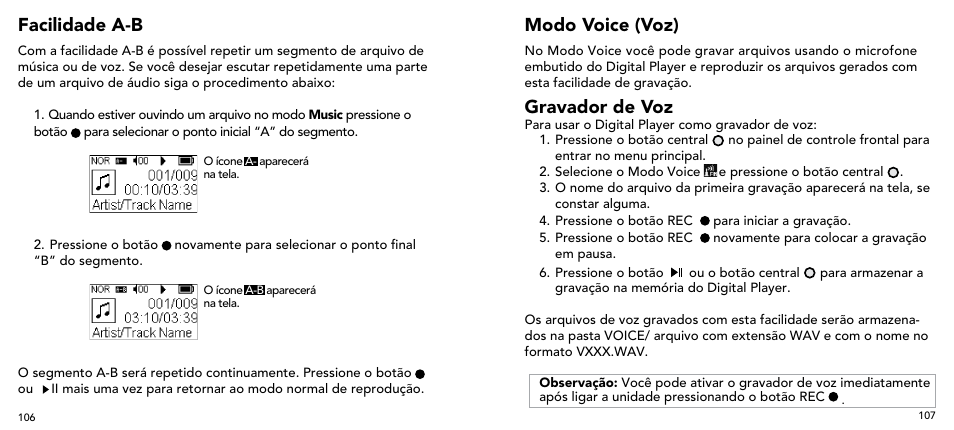 Facilidade a-b modo voice (voz), Gravador de voz | Imation 3503 User Manual | Page 54 / 64