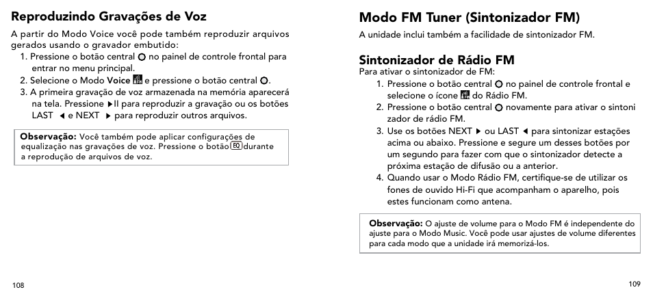 Modo fm tuner (sintonizador fm), Reproduzindo gravações de voz, Sintonizador de rádio fm | Imation 3503 User Manual | Page 55 / 64