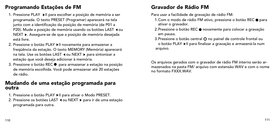 Mudando de uma estação programada para outra, Programando estações de fm gravador de rádio fm | Imation 3503 User Manual | Page 56 / 64